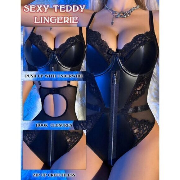 Women Black Teddy Lingerie One Piece Deep V Leather Bodysuit Nightwear S-XXL - Picture 2 of 6